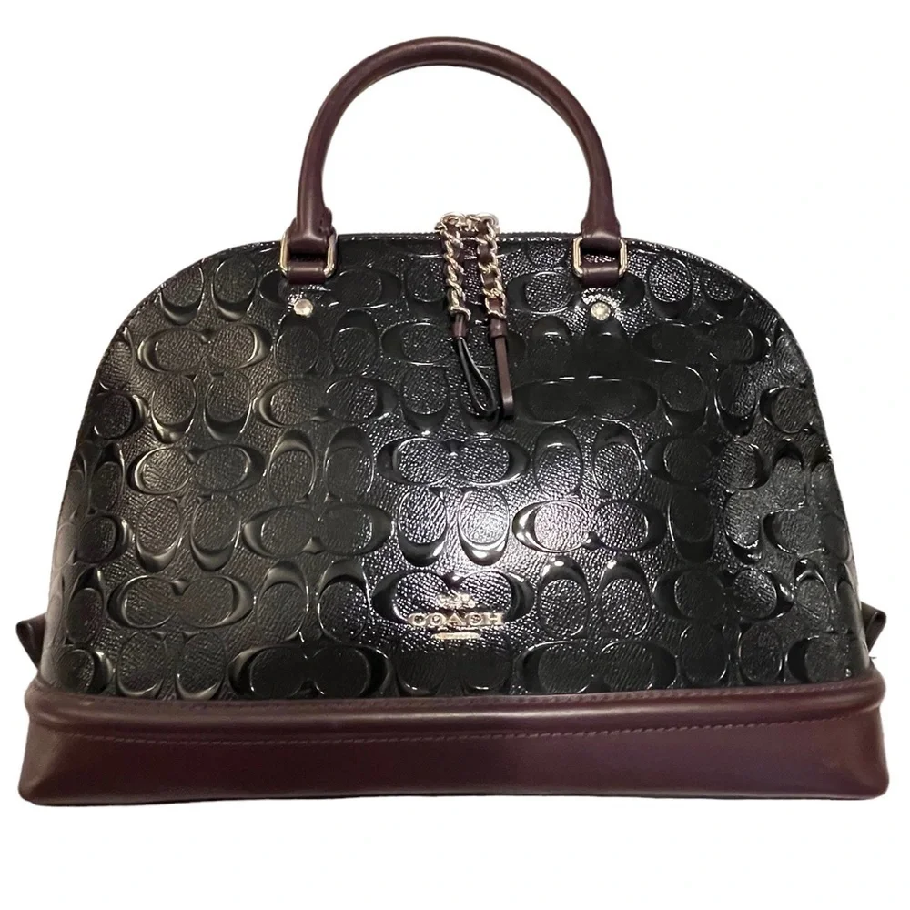 👜♥️ COACH Sierra Leather Satchel Handbag Black/Burgundy/Gold Tone Like New ❤️👜